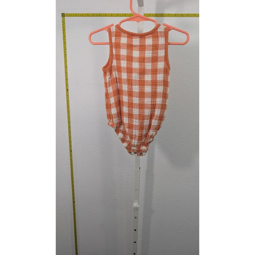 Cat &‎ Jack Baby Orange White Buffalo Plaid Gauze Henley Romper 6-9 Months